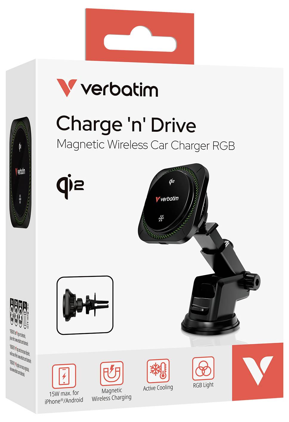 Verbatim Charge 'n' Drive magnetická bezdrátová autonabíječka RGB v maloobchodním balení, zobrazující nabíječku připevněnou na nastavitelném automoblovém větrávání nebo na rameni přístrojové desky.