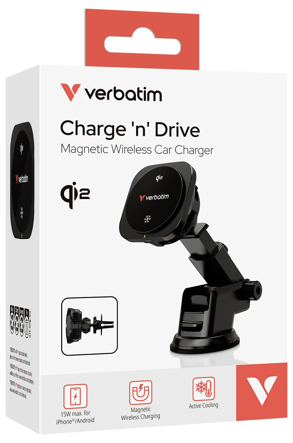 Přesný popis balení magnetické bezdrátové nabíječky do auta "Charge 'n' Drive", zobrazující černou nabíječku Qi2 na větrací otvor se základnou přísavky a ikonami rychlého nabíjení 15W.