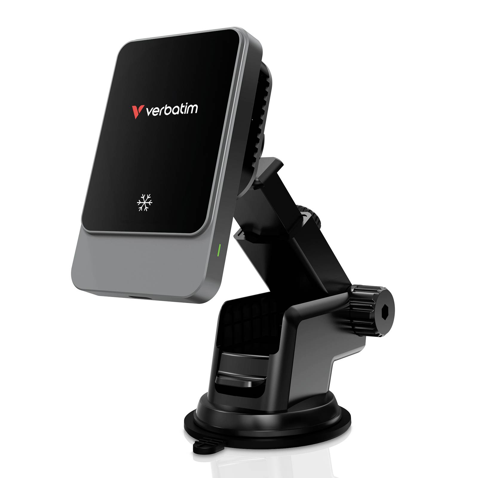 Verbatim držák telefonu do auta s magnetickým bezdrátovým nabíjením, zobrazený v úhlu na přísavné bázi.