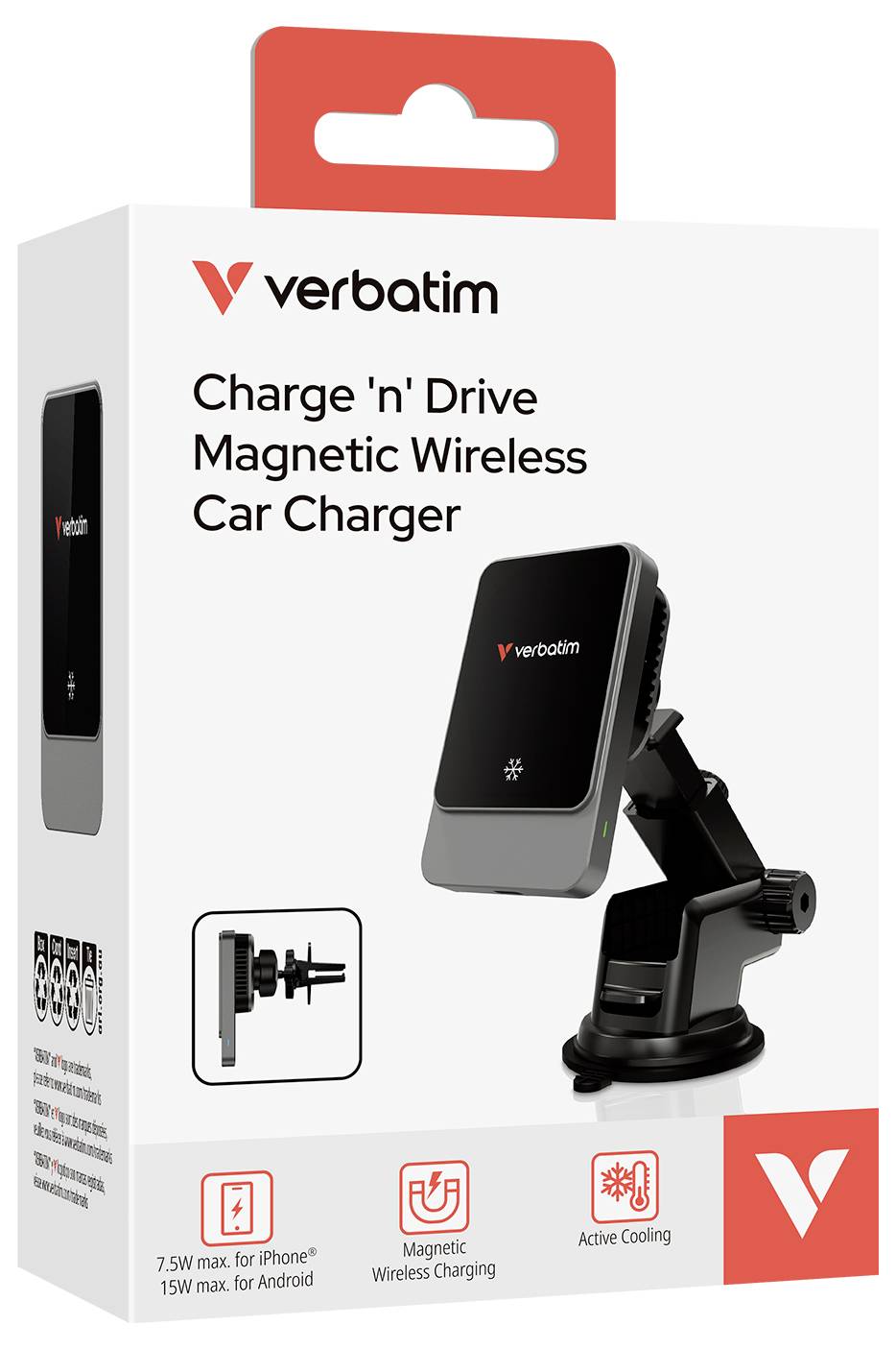 Doslova balení magnetického bezdrátového nabíječky do automobilu 'Charge 'n' Drive', ukazující držák telefonu se přísavkou, bezdrátové nabíjení a aktivní chlazení.