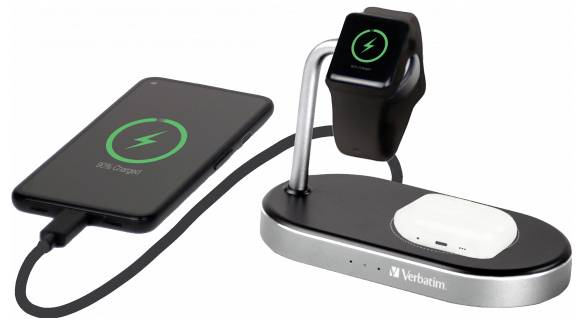 Nabíjecí dokovací stanice Verbatim 3v1 s MagSafe podložkou pro telefon, nabíječkou Apple Watch a místem pro nabíjení AirPods připojeným kabelem