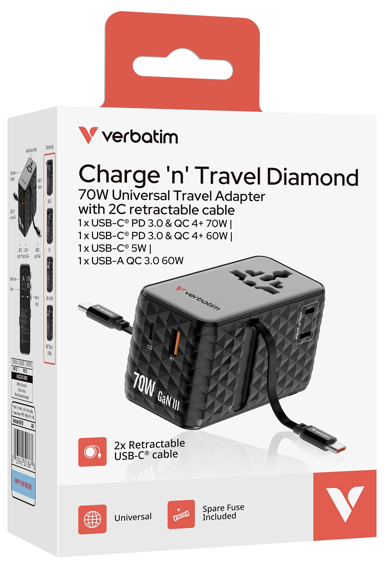 Verbatim Charge 'n' Travel Diamond 70W univerzální cestovní adaptér v balení se 2 zatáhnutelnými kabely USB-C a zahrnutou náhradní pojistkou