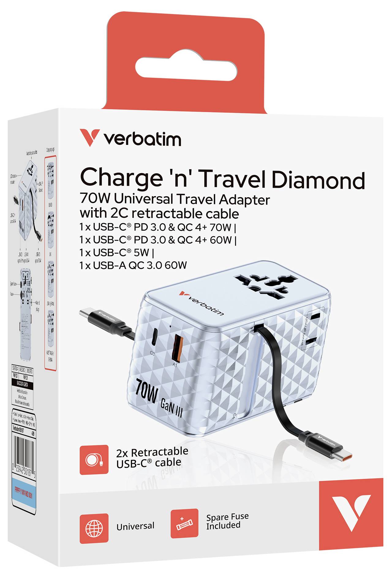 Verbatim Charge 'n' Travel Diamond 70W univerzální cestovní adaptér s vysouvacím kabelem a více USB porty, zobrazený na obalu produktu.