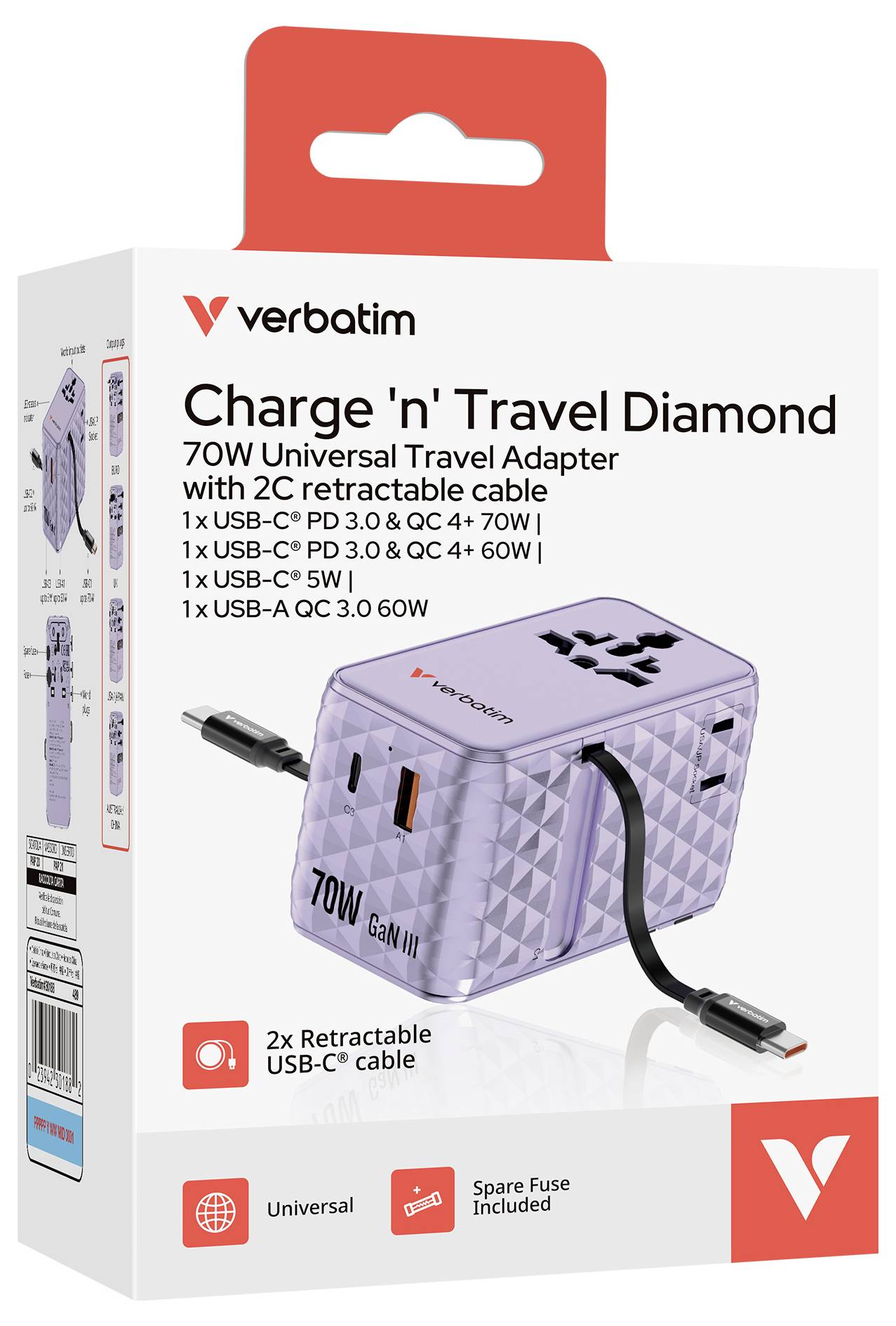 Krabice na Verbatim Charge 'n' Travel Diamond 70W univerzální cestovní adaptér se 2 vysouvacími kabely USB-C, 3 porty USB-C, 1 port USB-A a součástí je náhradní pojistka.
