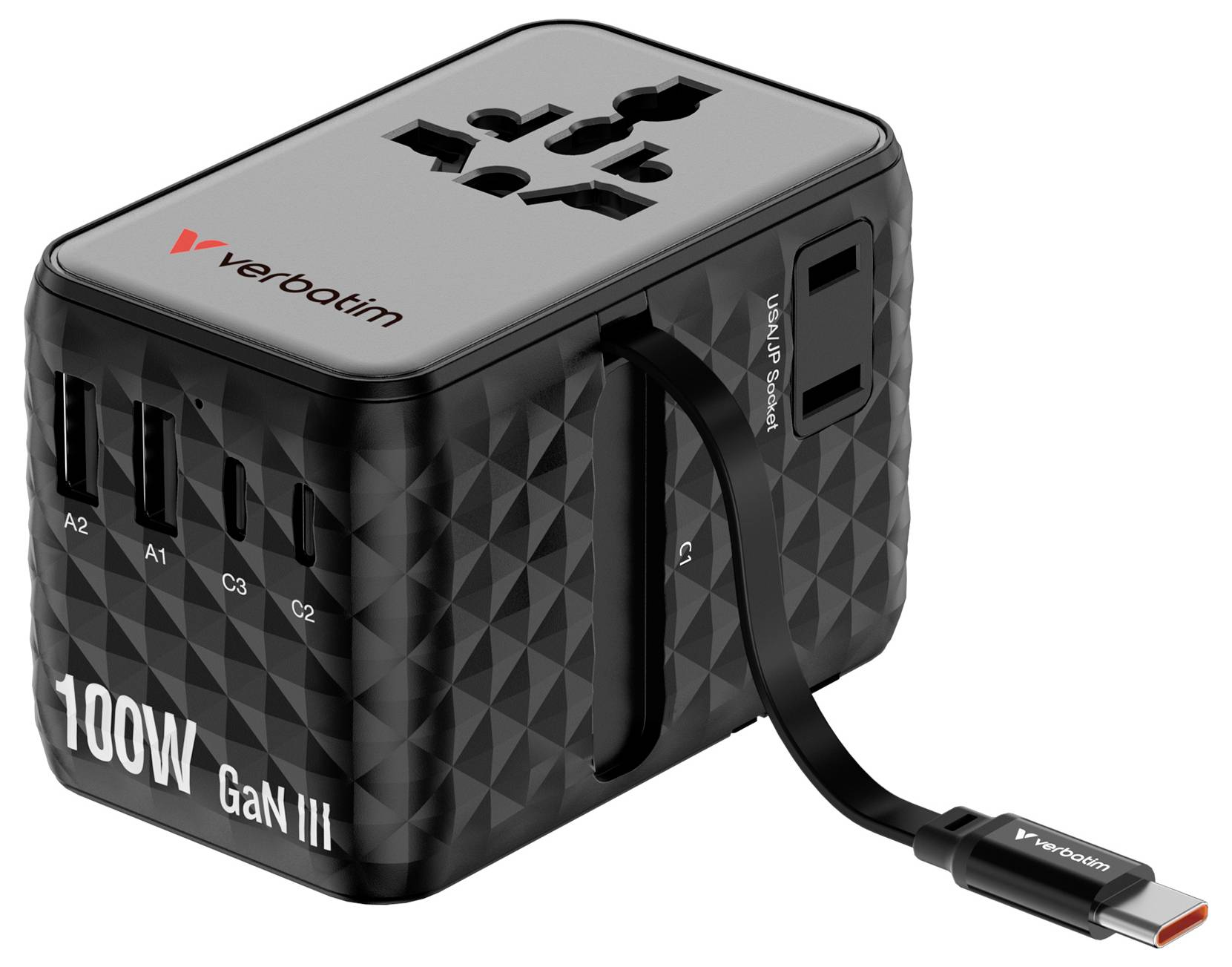 Adaptér Verbatim 100W GaN III pro univerzální cestování s více porty USB a připojeným kabelem USB-C.