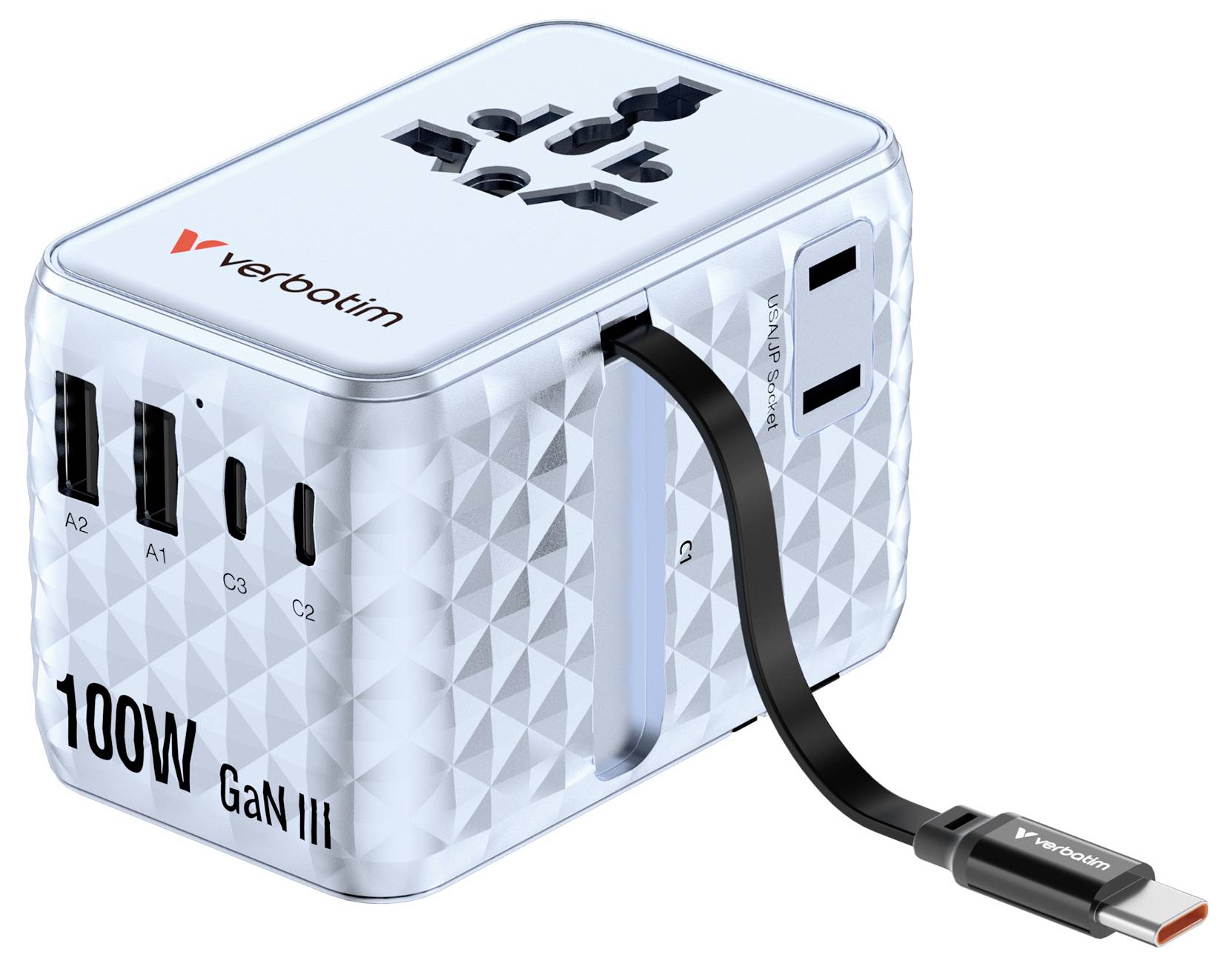 Univerzální cestovní adaptér Verbatim 100W GaN III s více porty USB a zatáhnutelným napájecím kabelem.