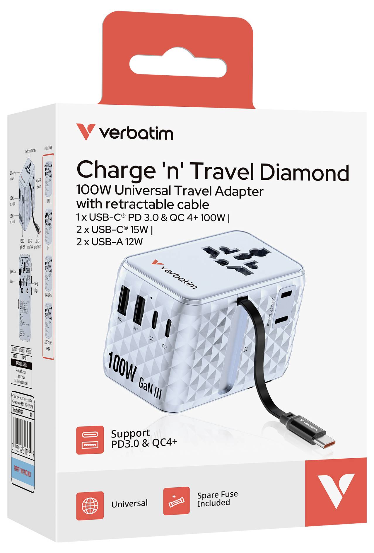 Verbatim Charge 'n' Travel Diamond 100W univerzální cestovní adaptér se zatáhnutelným kabelem, 2 USB-C, 1 USB-A a podporou PD3.0 a QC4+.