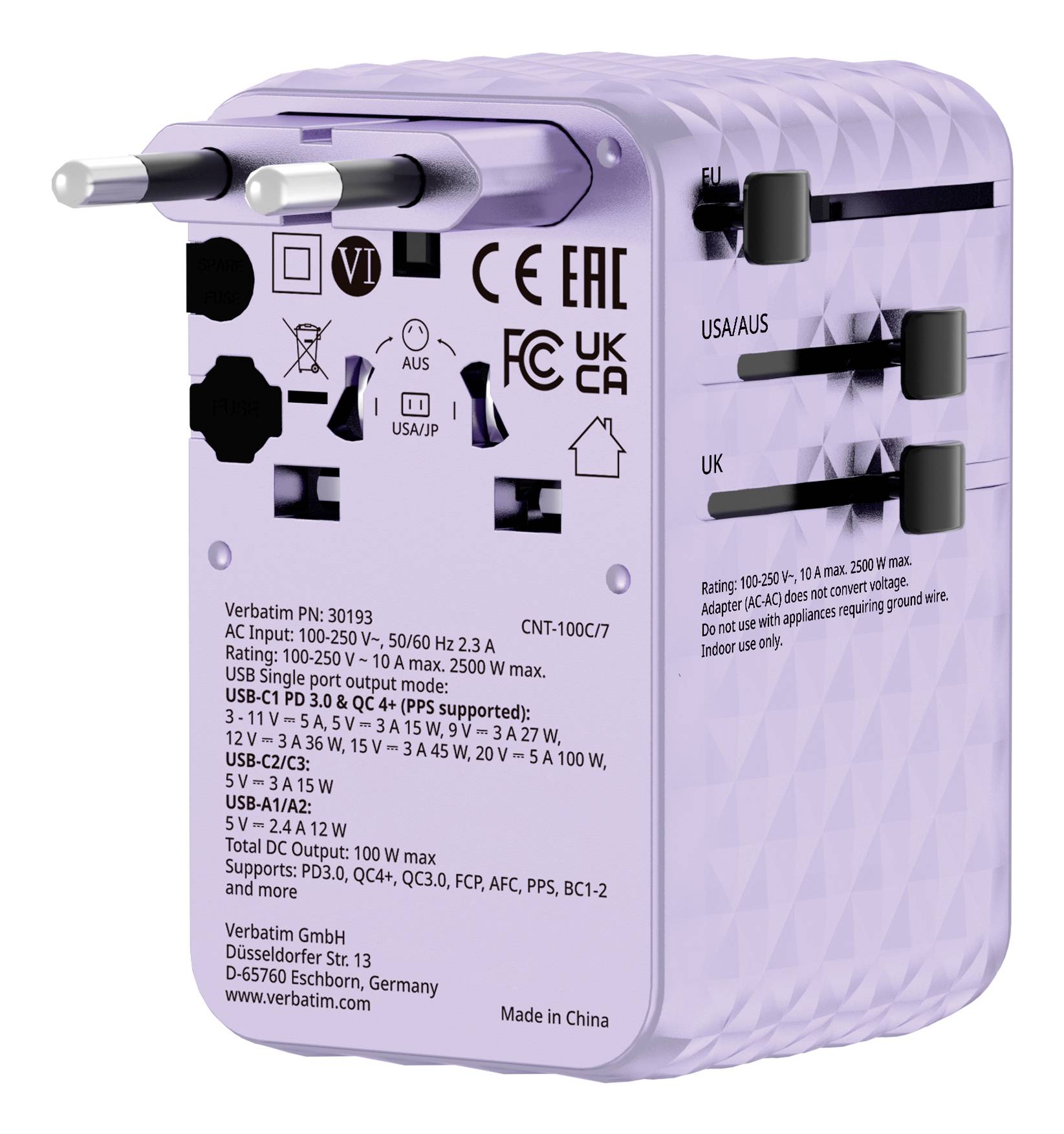 Purpurový univerzální síťový adaptér/nabíječka pro více zemí se zasouvacími kolíky a USB porty, na předním panelu jsou zobrazeny specifikace napětí a výstup USB.