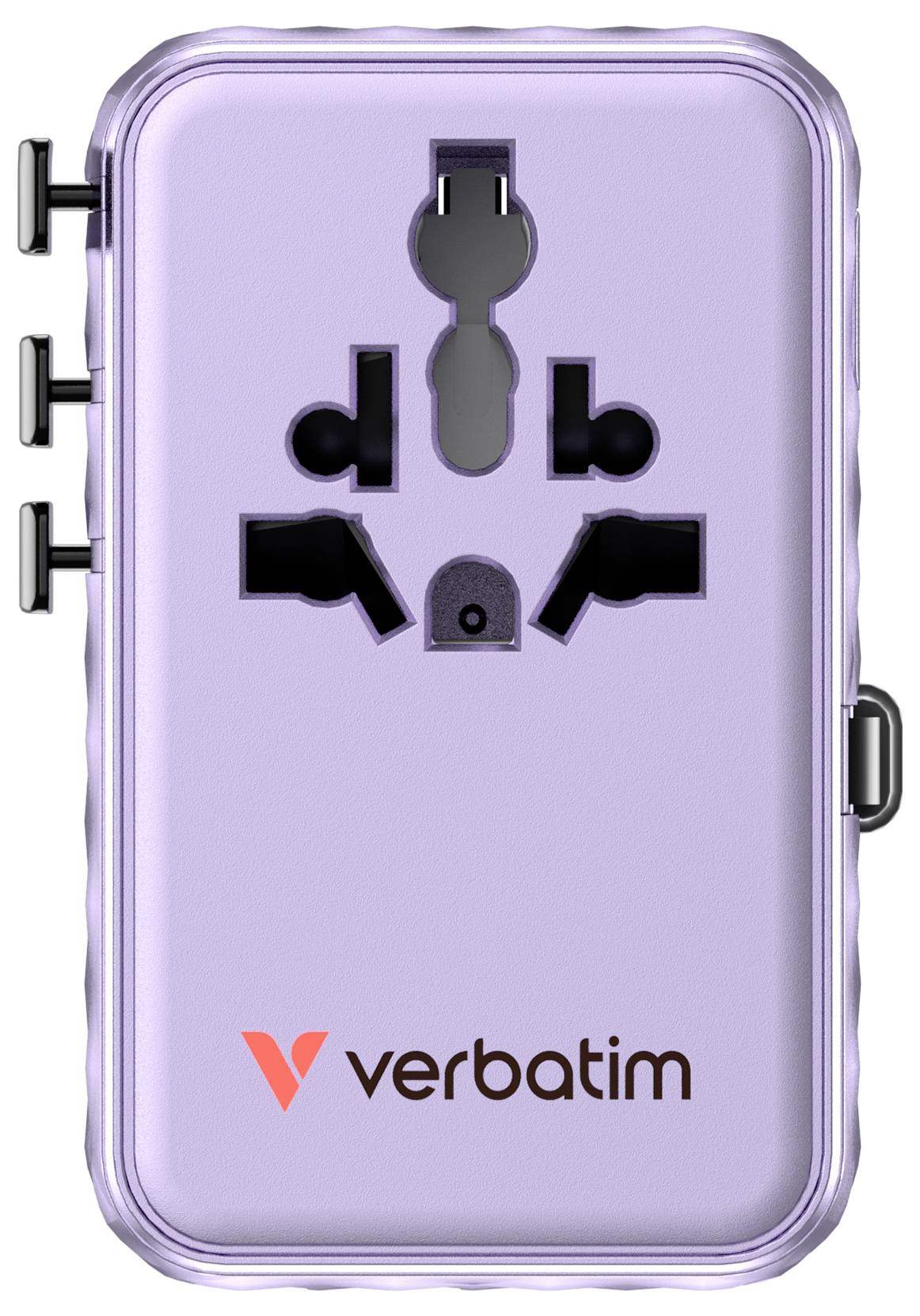 Univerzální cestovní adaptér Purple Verbatim s více zásuvkami a logem "verbatim" na přední straně