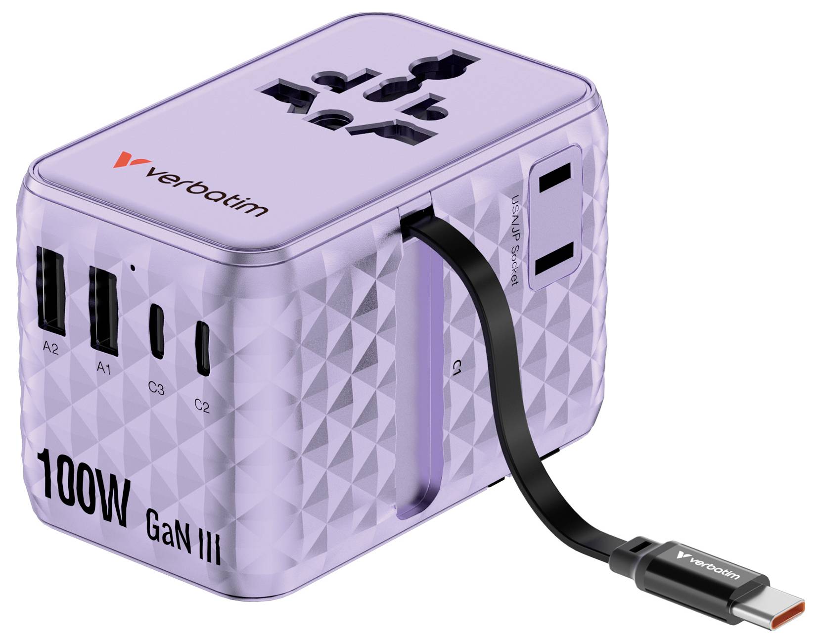 Kompaktní fialový cestovní adaptér Verbatim 100W GaN III s více AC a USB porty a připojeným kabelem USB-C.