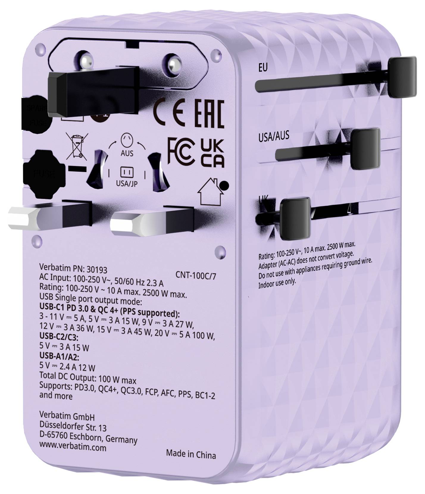 Purpurová nabíječka do zásuvky Verbatim s více typy zástrček a porty USB-C/USB-A, označená do 100W, pro mezinárodní rychlé nabíjení.