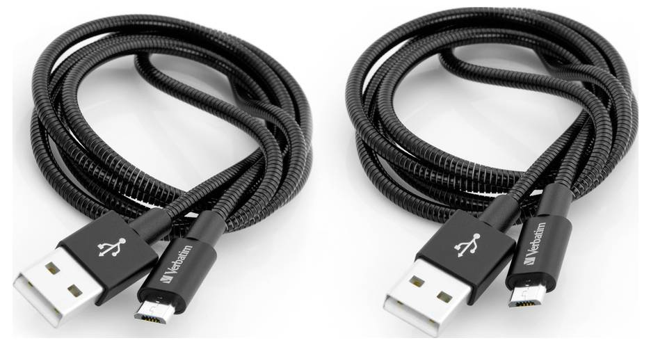Dva černé pletené USB nabíjecí kabely stočené vedle sebe, každý s konektorem USB-A a koncem micro-USB.