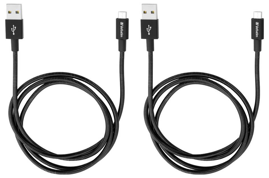 Dva černé USB nabíjecí kabely s konektory USB-A na micro-USB, zobrazené stočené vedle sebe na bílém pozadí.