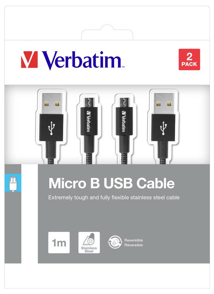 Verbatim 2-balení Micro B USB kabel, obal zobrazující dva černé kabely z nerezové oceli s reverzibilním konektorem, délka 1 m.
