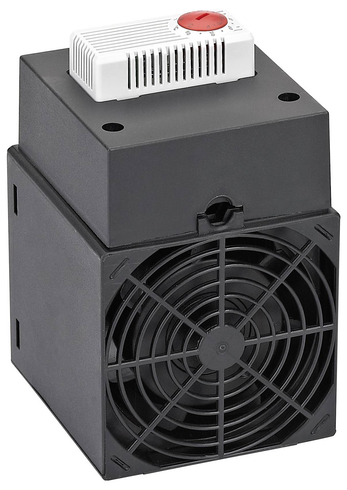 Jednotka černého ventilačního ventilátoru s bílou regulací termostatu umístěnou navrchu, zobrazená na bílém pozadí.