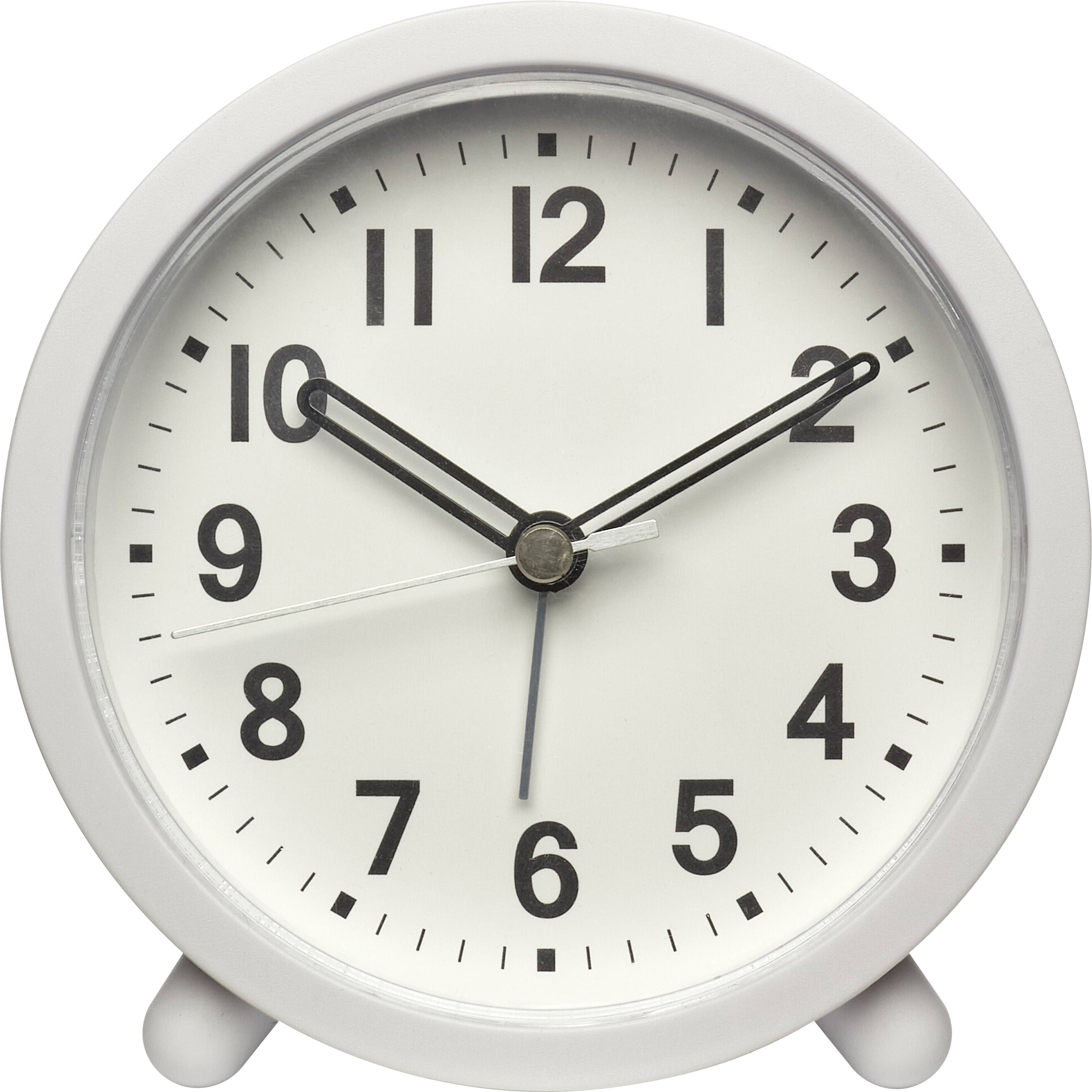 Bílé analogové hodiny ukazující čas 10:11.