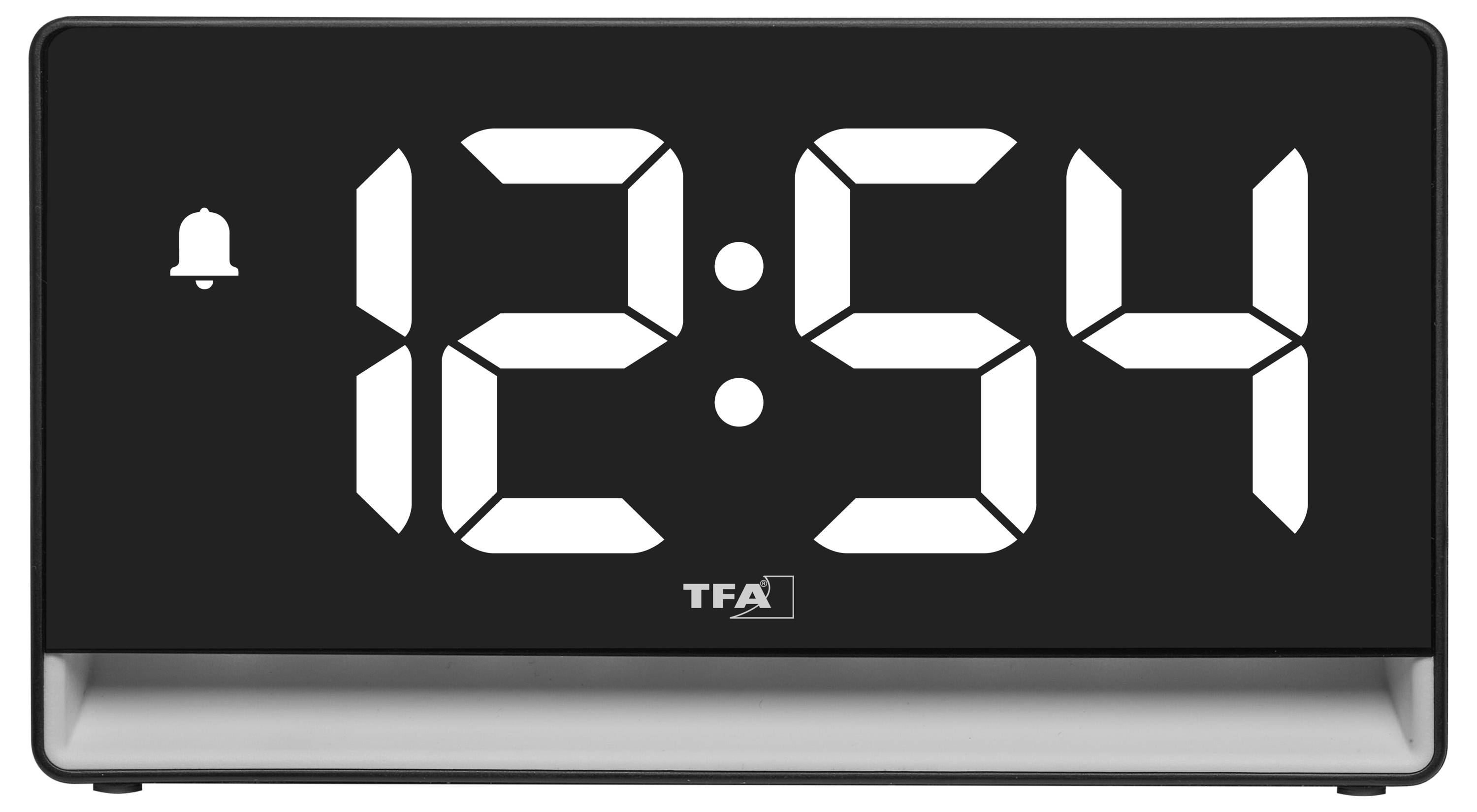 Digitální hodiny zobrazující čas "12:54" s ikonou budíku na levé straně.