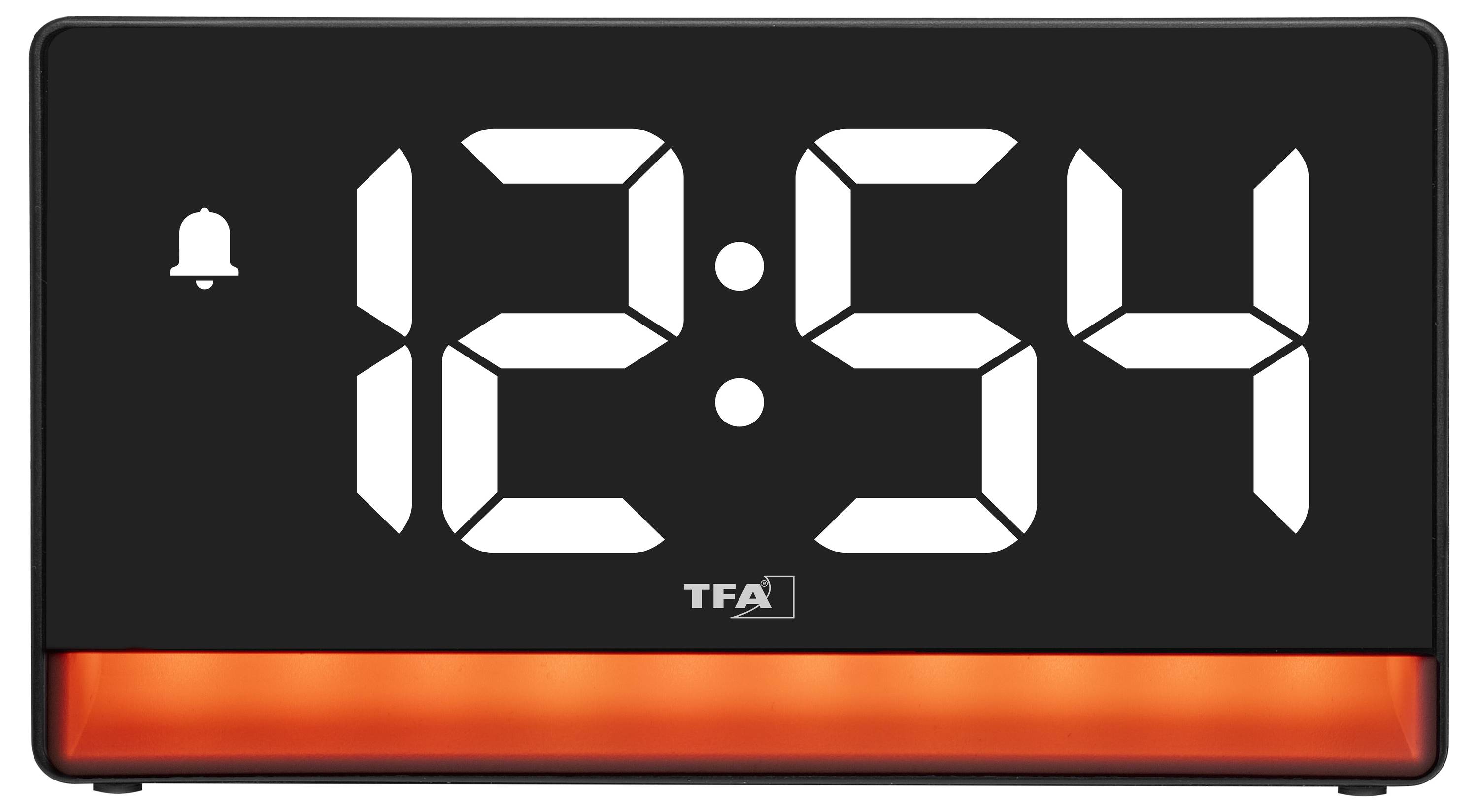 Digitální hodiny zobrazující čas 12:54 s ikonou budíku v levém horním rohu, na černém pozadí se zářícím oranžovým podstavcem.