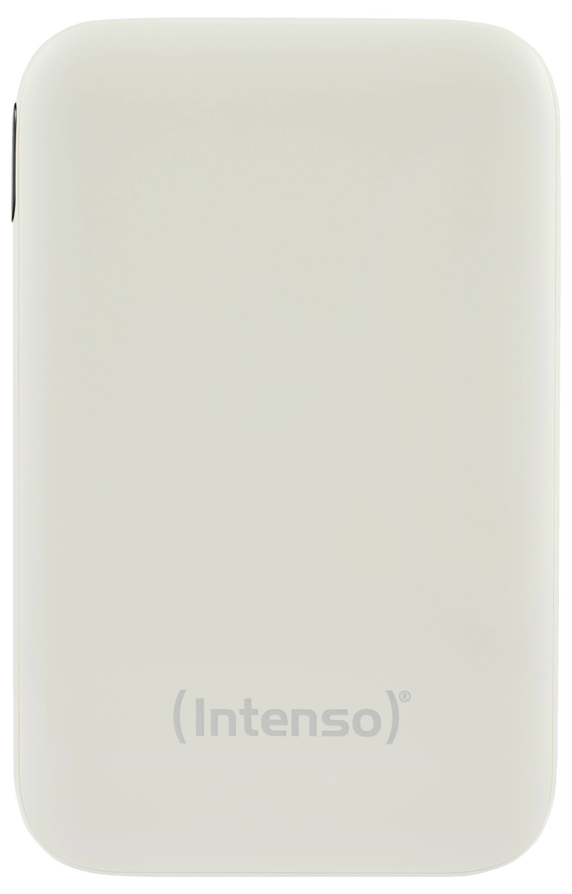 Bílý externí pevný disk s názvem značky "Intenso" vytištěným na přední straně.