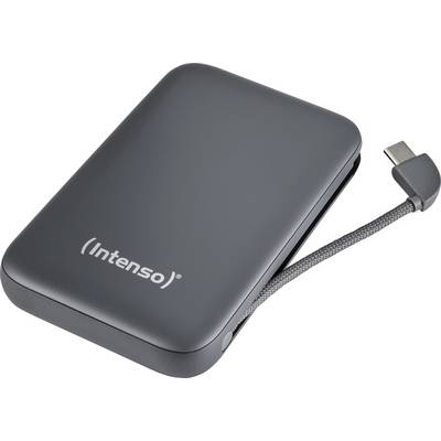 Externí pevný disk se připojeným kabelem USB-C, označený 'Intenso'. Šedý kompaktní design vhodný pro přenosné ukládání dat.
