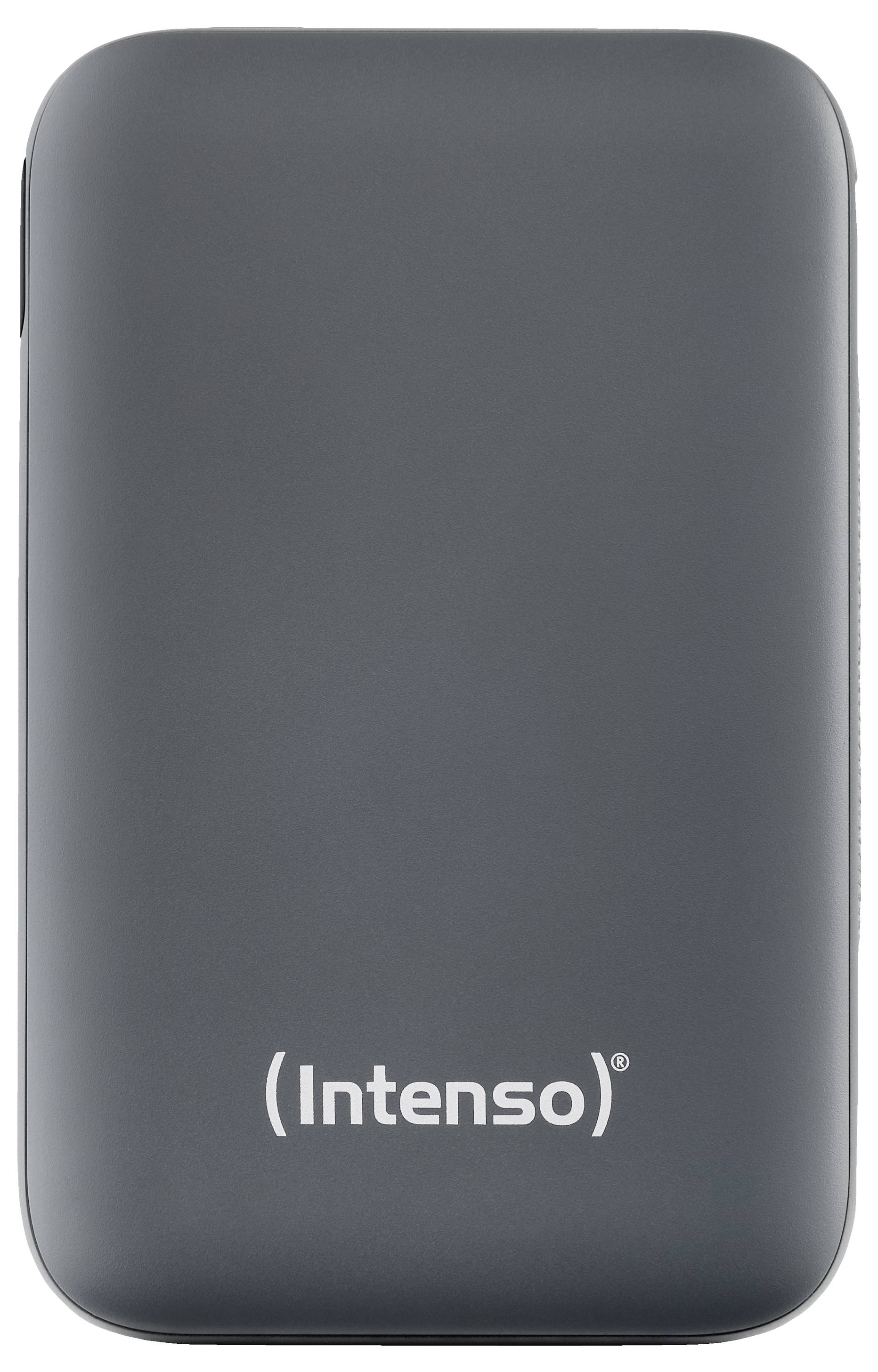 Přenosný externí pevný disk značky 'Intenso' s elegantním černým designem.