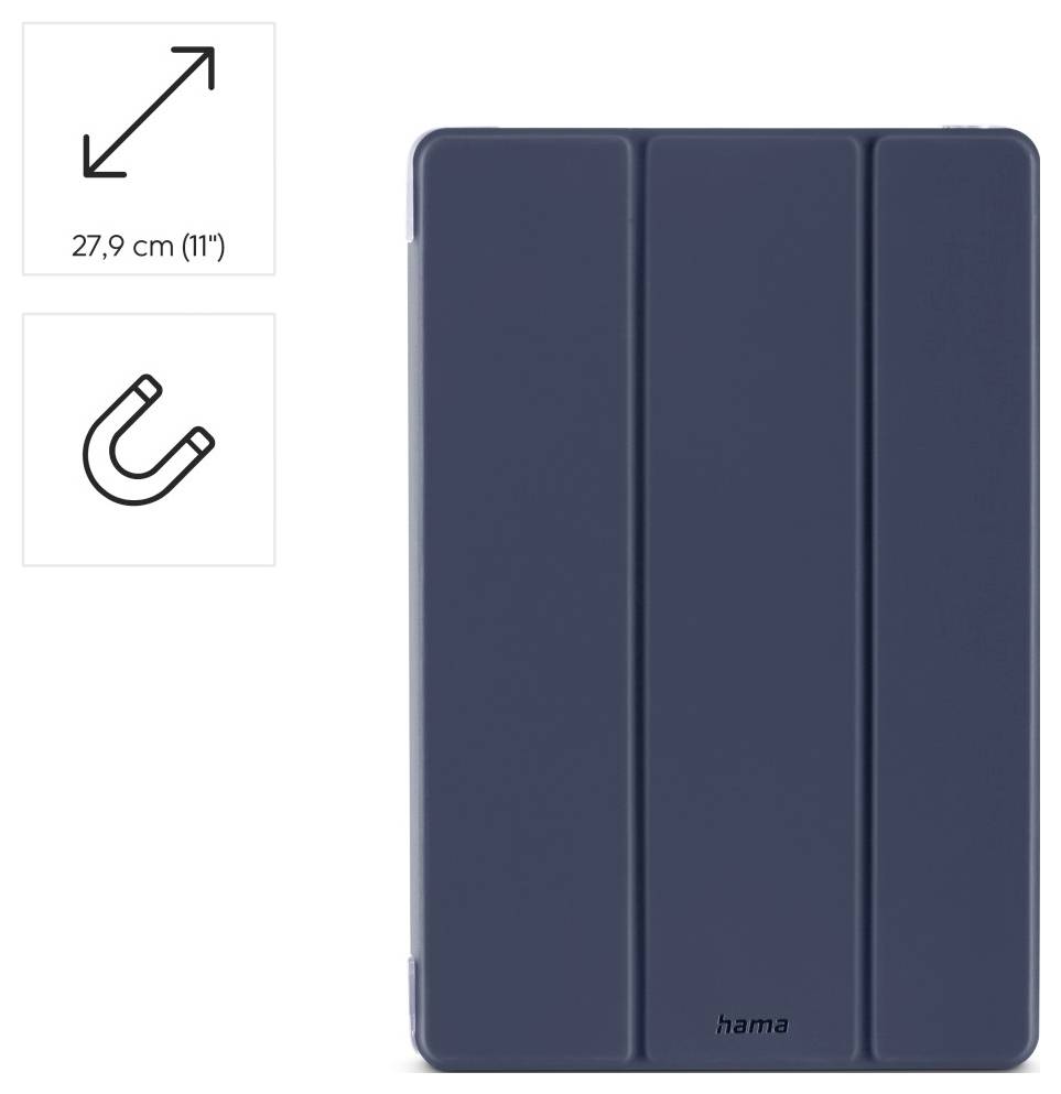 Modrý obal na tablet s trojdílným krytem, rozměry 27,9 cm (11"). Zahrnuje magnetické zavírání pro bezpečné připevnění.