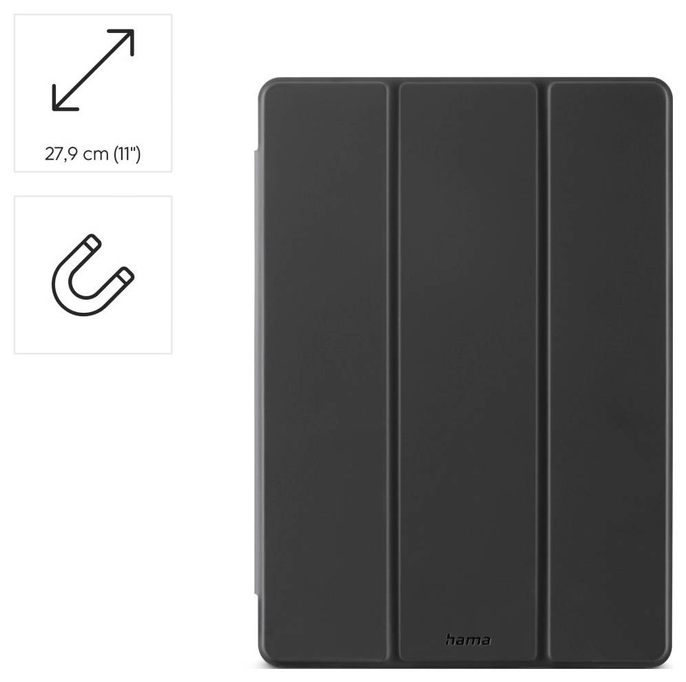 Tablet stojící na trojúhelníkovém skládacím obalu se zobrazením ze strany zaměřeným na fold obalu a jeho design.