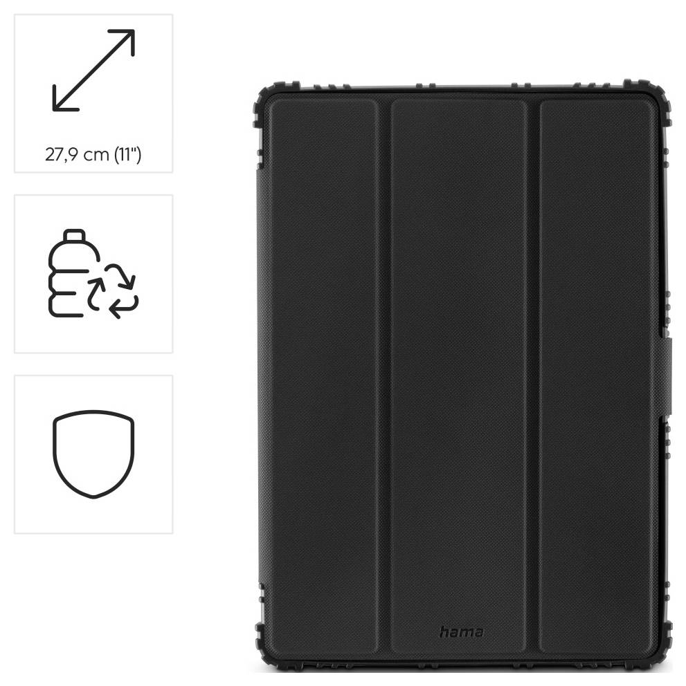 Černé pouzdro na tablet s ikonami recyklace a štítu. Je zobrazeno „27,9 cm (11")", což naznačuje kompatibilitu nebo velikost.