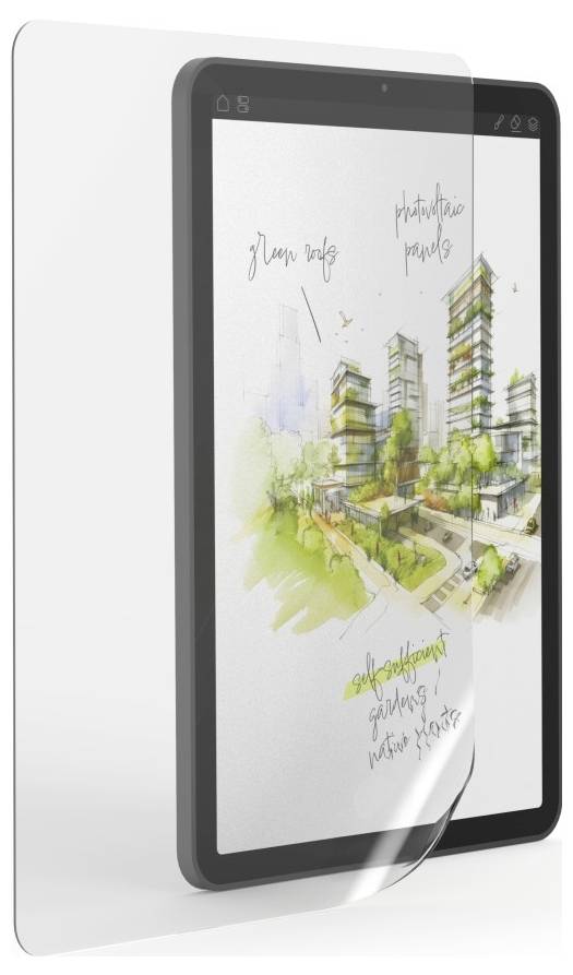 Obrazovka tabletu s průhledným ochranným sklem zobrazuje digitální architektonický návrh s vysokými budovami, stromy a označenými poznámkami.