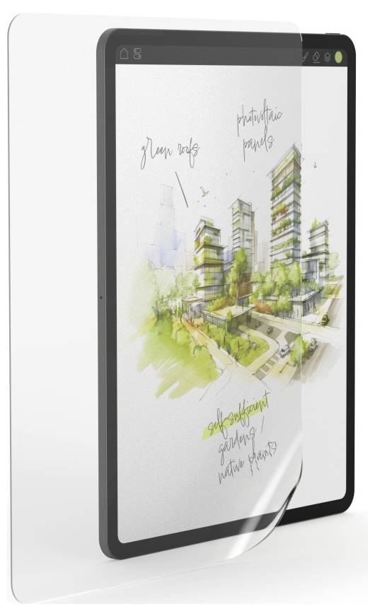 Digitální tablet zobrazující ručně kreslené znázornění návrhu udržitelného města se zelenými střechami a fotovoltaickými panely.