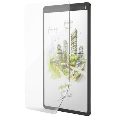 Transparentní ochranná fólie na obrazovku je částečně položena na tabletu, který zobrazuje digitální návrh moderního architektonického designu.