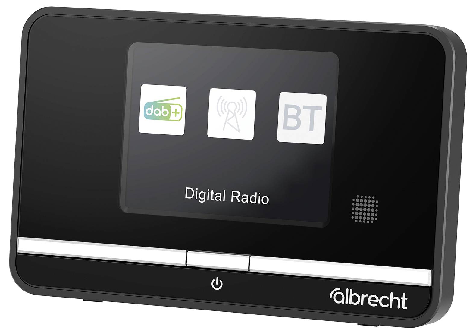 Digitální radiodisplej s ikonami pro „dab+" a „BT". Název značky „albrecht" vpravo dole. Tlačítko napájení pod obrazovkou.