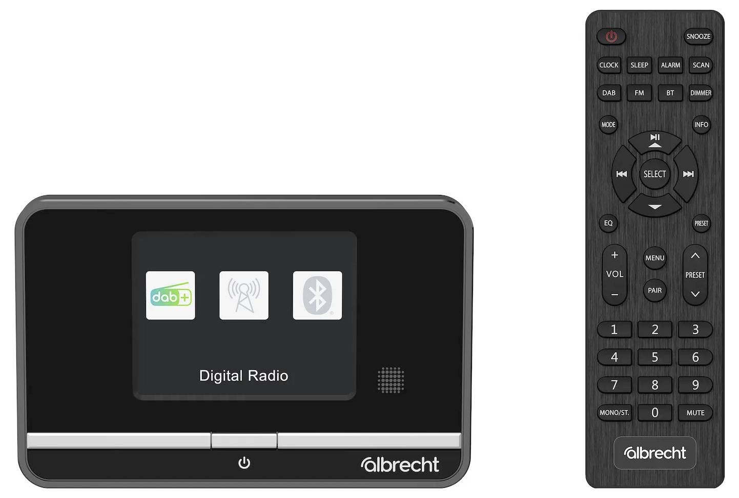 Digitální rádio s displejem zobrazujícím „Digitální rádio" a ikony pro DAB a Bluetooth. Dálkový ovladač s tlačítky pro různé funkce.
