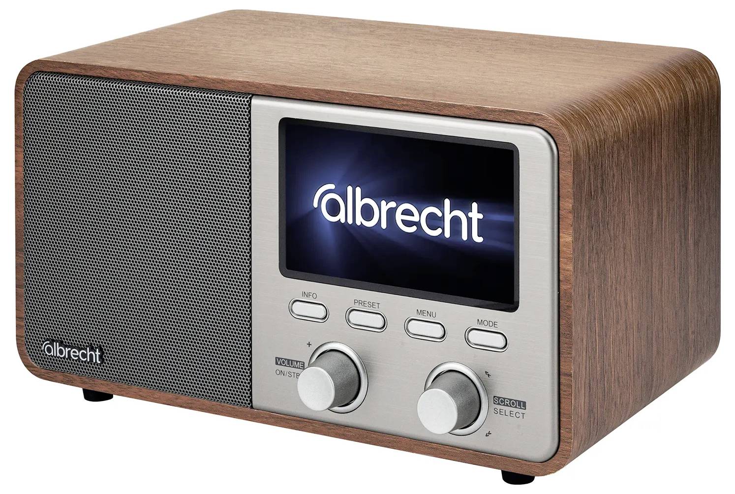 Retro stylové dřevěné rádio s LED displejem zobrazujícím 'albrecht', s ladícími knoflíky a reproduktorem na levé straně.