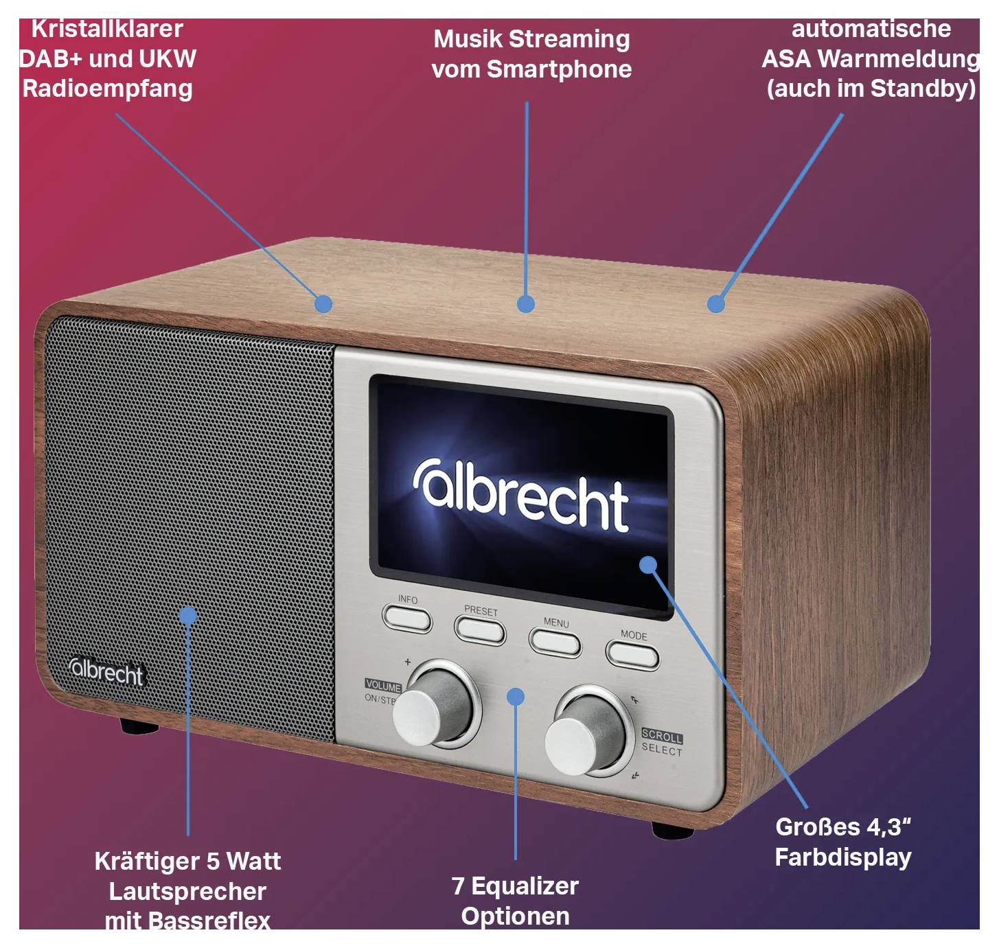 Retro-rádio se dřevěnou skříní, příjem UKW/DAB, Bluetooth pro hudbu ze smartphonu, automatický budík, 7 možností ekvalizéru.