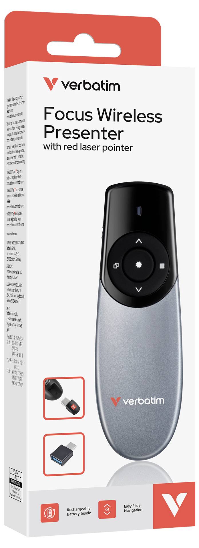 Krabice produktu Verbatim Focus bezdrátový prezentér s červeným laserovým ukazovátkem, zobrazující dálkové ovládání, přijímač USB a ikony nabíjecí baterie.