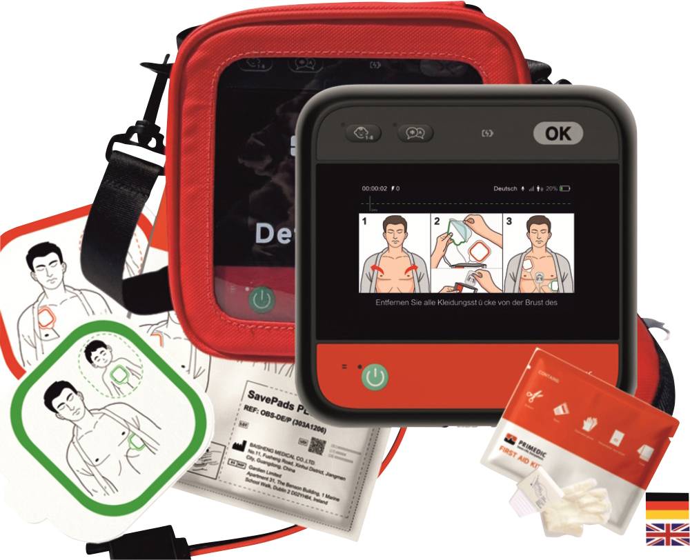 Přenosný defibrilátor AED v sadě s pouzdrem, elektrodovými polštářky, grafickými pokyny a příslušenstvím pro nouzovou srdeční resuscitaci.
