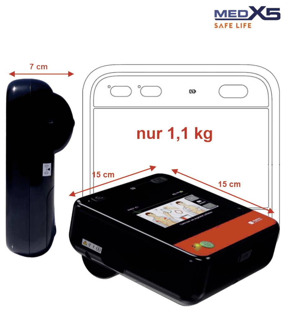 Grafika rozměrů produktu pro kompaktní bezpečnostní zařízení MEDX5 Safe Life, ukazující šířku 7 cm, strany 15 cm a hmotnost "pouze 1,1 kg" s pohledem zepředu a ze strany.