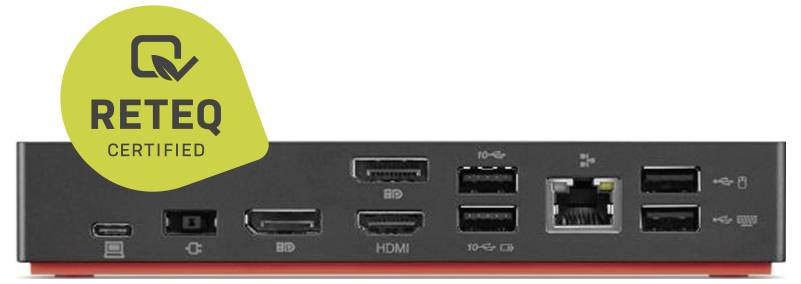 Obrázek ukazuje zadní panel zařízení s různými porty včetně USB, HDMI, Ethernet a loga "RETEQ Certified".