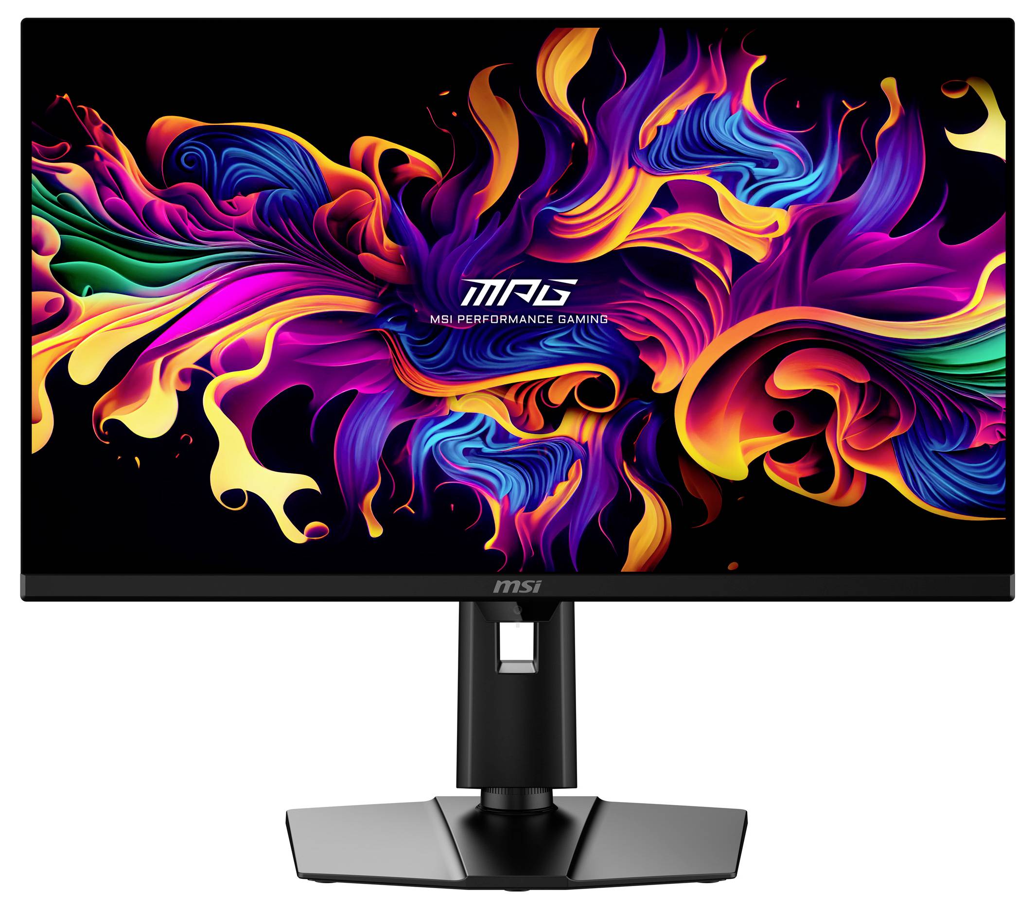 Počítačový monitor zobrazující barevné abstraktní umělecké dílo se vířícími vzory a logem "MSI Performance Gaming" v centru.