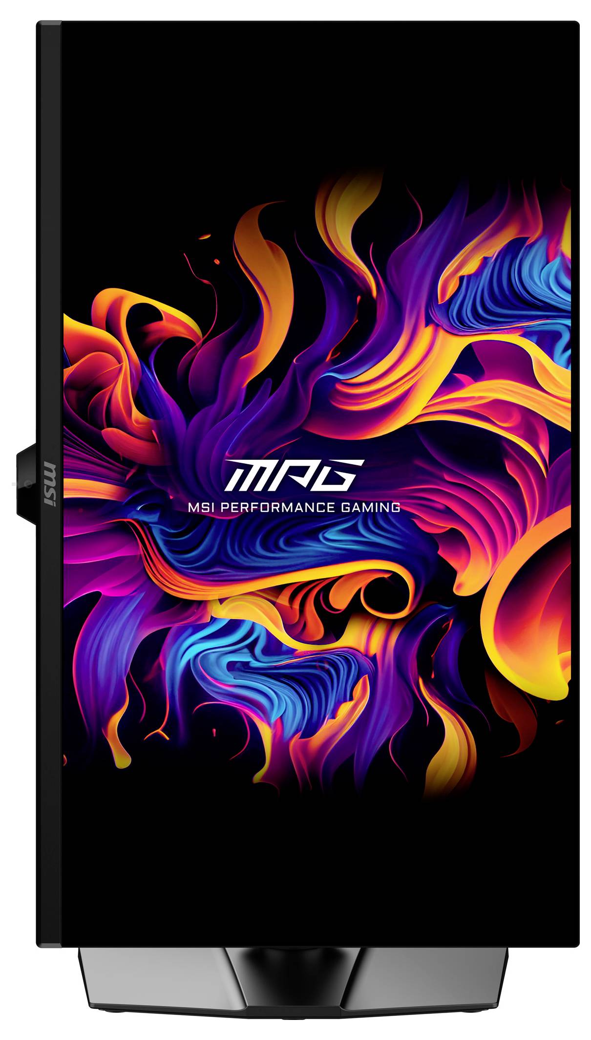 "MSI Performance Gaming" text na obrazovce monitoru s abstraktními barevnými vířícími vzory v červených, oranžových, purpurových a modrých odstínech.