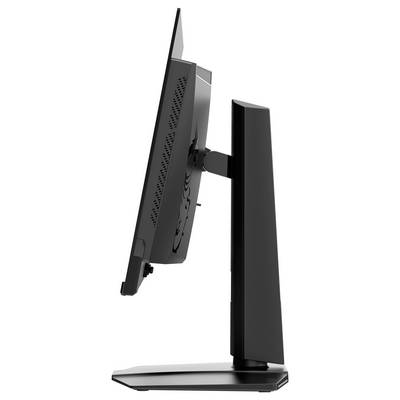 Elegantní černý počítačový monitor zobrazený z bočního pohledu s nastavitelným stojanem navrhnutým pro ergonomickou výšku a naklonění.