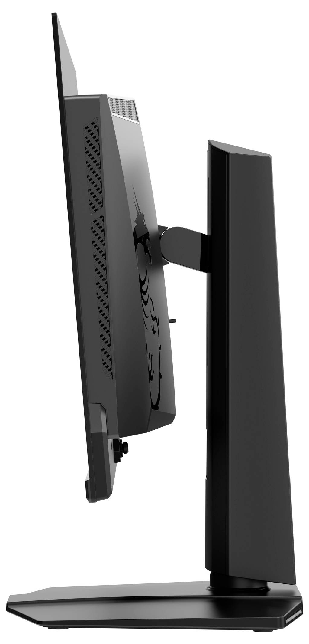 Boční pohled na elegantní, černý, plochý počítačový monitor na robustním stojanu, který ukazuje jeho tenký profil a minimalistický design.