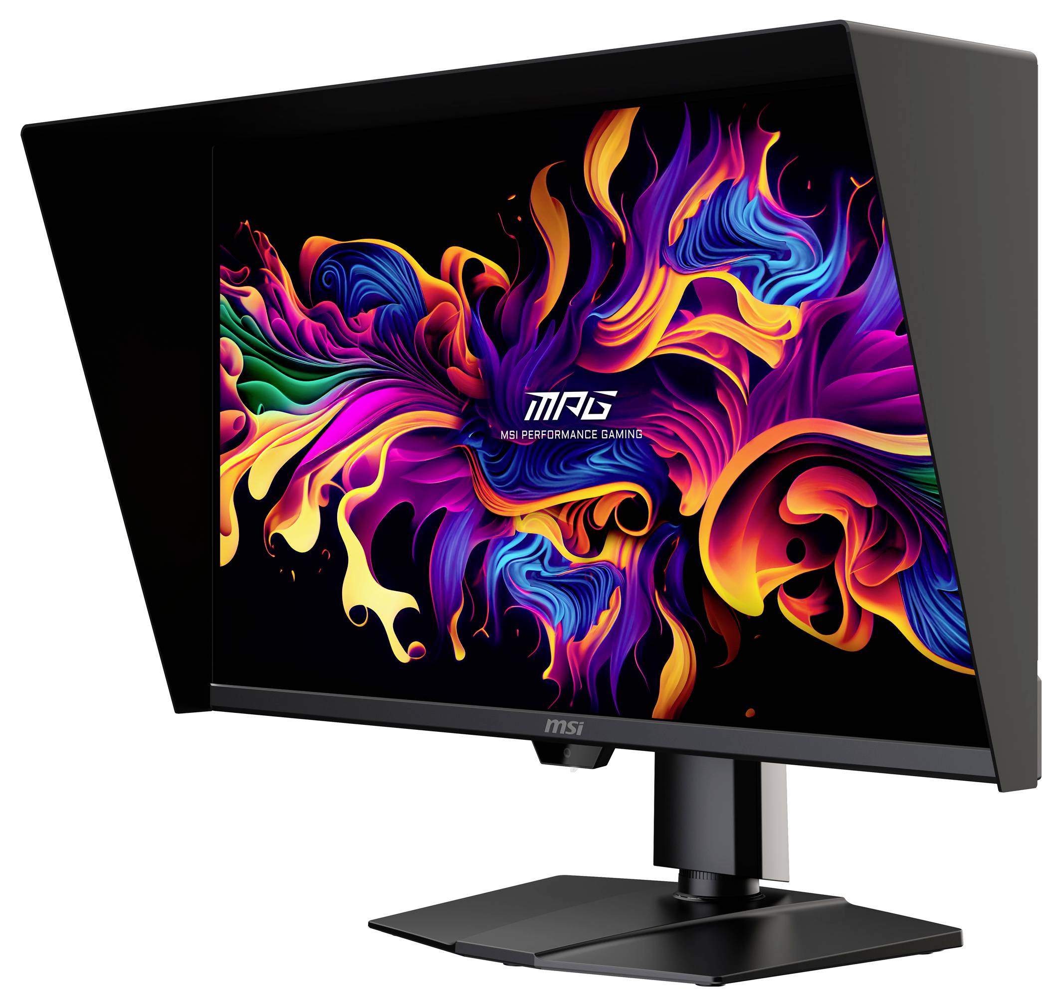 Monitor počítače zobrazuje živý, abstraktní design v červených, oranžových, fialových a modrých barvách s textem "MSI Performance Gaming".