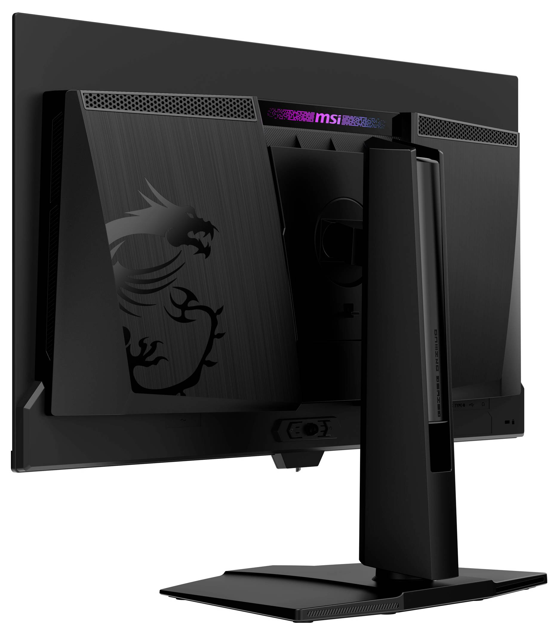 Černý počítačový monitor vyfocený zezadu, s stylizovaným logem draka na pouzdru a nastavitelným stojanem.