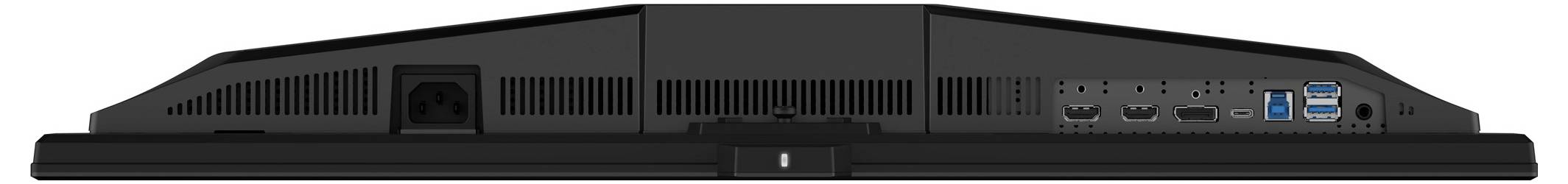 Zadní pohled na monitor zobrazující více vstupních/výstupních portů, včetně HDMI, USB a displayportů, s napájecím konektorem na levé straně.