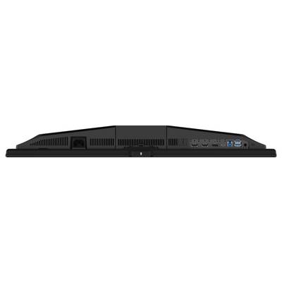 Zadní pohled na monitor zobrazující více vstupních/výstupních portů, včetně HDMI, USB a displayportů, s napájecím konektorem na levé straně.