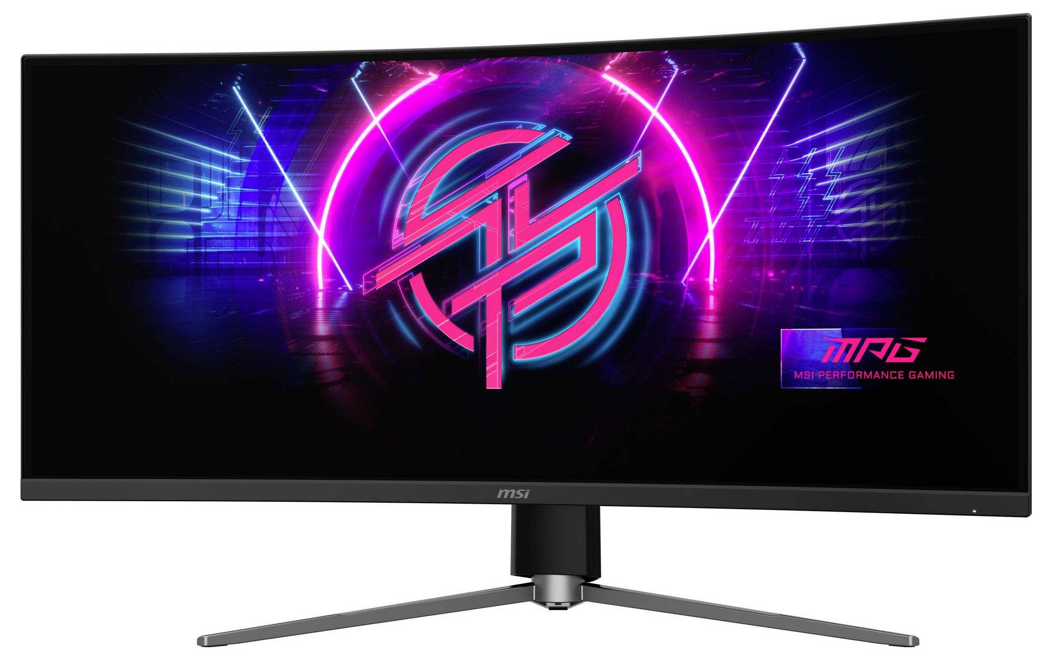 MSI zakřivený herní monitor zobrazuje živoucí neonové grafiky. Logo uprostřed, text zní 'MSI PERFORMANCE GAMING'. Moderní technologický design.