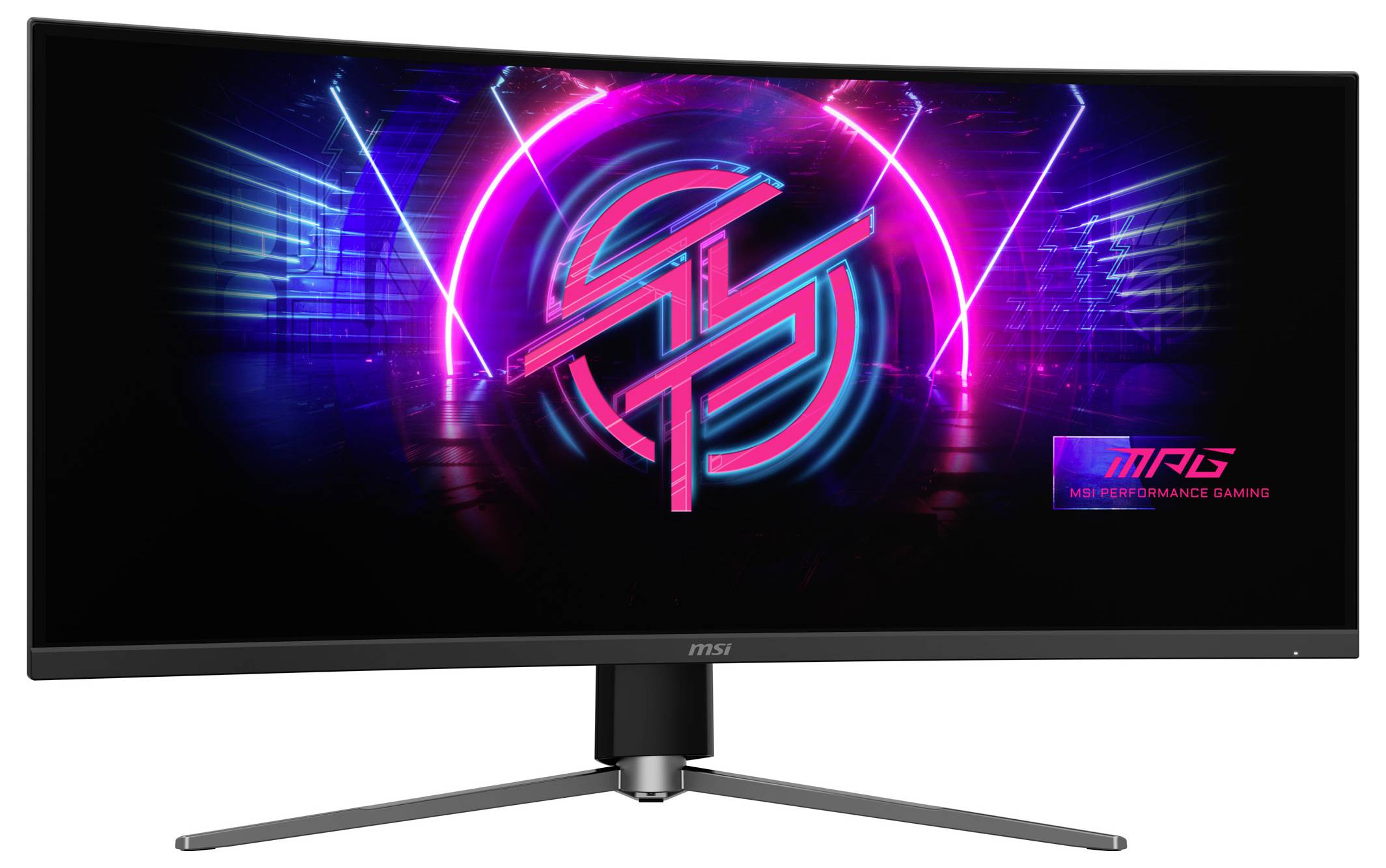 Zakřivený herní monitor zobrazující živé neonové grafiky s logem MSI a textem "MSI Performance Gaming" na obrazovce.