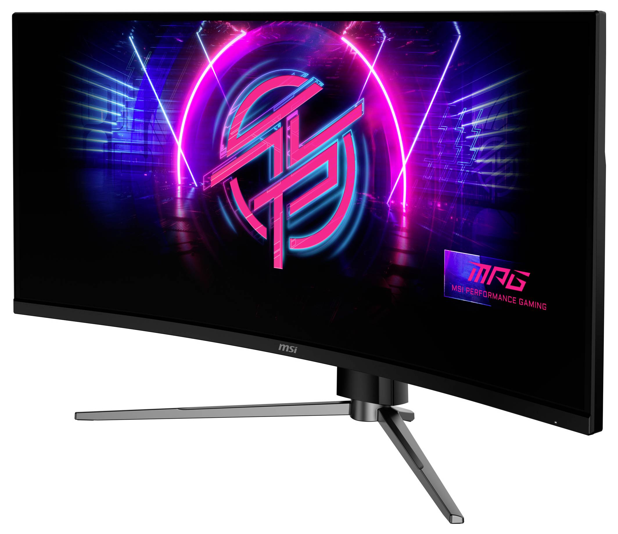 Zakřivený širokouhlý herní monitor zobrazující neonové světla a futuristické logo. Logo zní "MSI Performance Gaming".